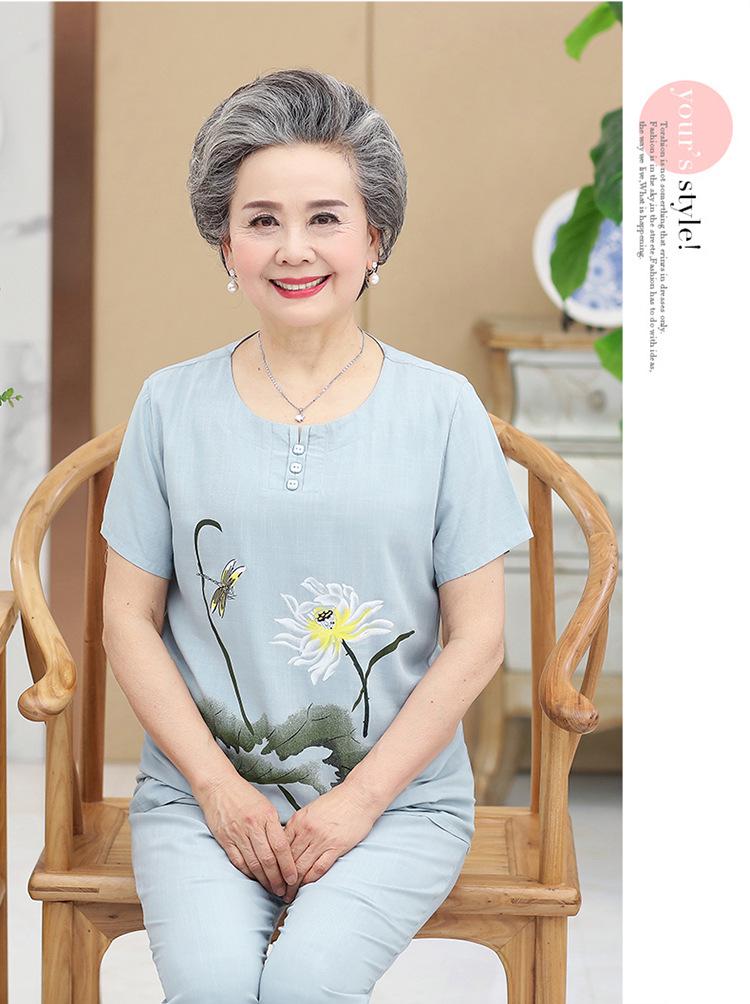 Plus Size Cotton Linen Two-Piece Set for Middle-Aged & Elderly Women: Short Sleeve, All-Cotton Silk Blend
