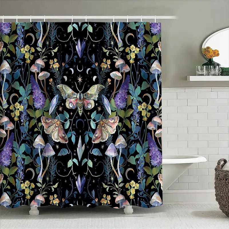 Botanical Moth Shower Curtain Nature Forest Dark Academia Backdrop Vintage Floral Tapestry Home Decor Wall Hanging Artistic Desi