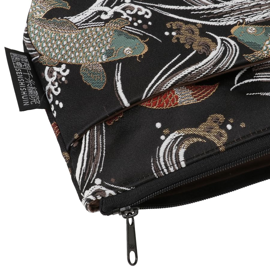 Senshishuin Nishijin Brocade Pouch with Black Swimming Carp Design (Lined) (Small)