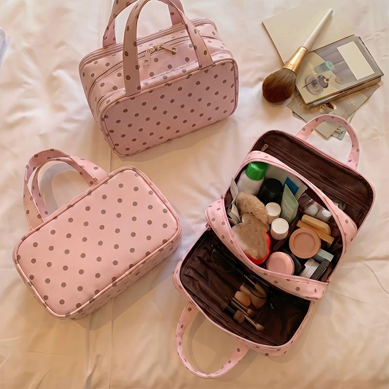 Polka Dot Handheld Makeup Bag Multifunctional Three Layer Partition Pu Cosmetic Bag Large Capacity Waterproof Travel Storage Bag