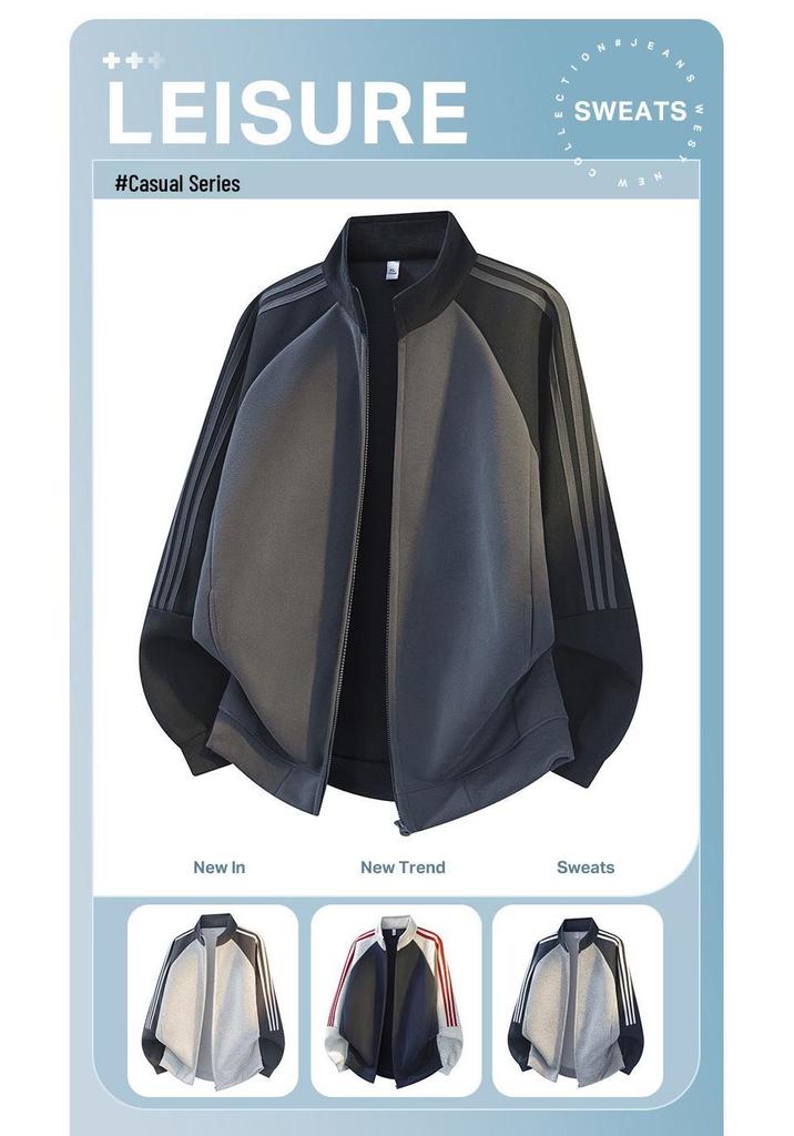 Men's Retro Three-Stripes Color Block Stand Collar Hoodie - Spring/Autumn Loose Fit Zipper Cardigan.