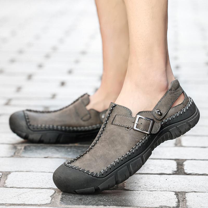 

Мужские походные сандалии коричневого цвета из кожи с закрытым носком, пляжные сандалии ручной работы, большие размеры EU:48 хаки