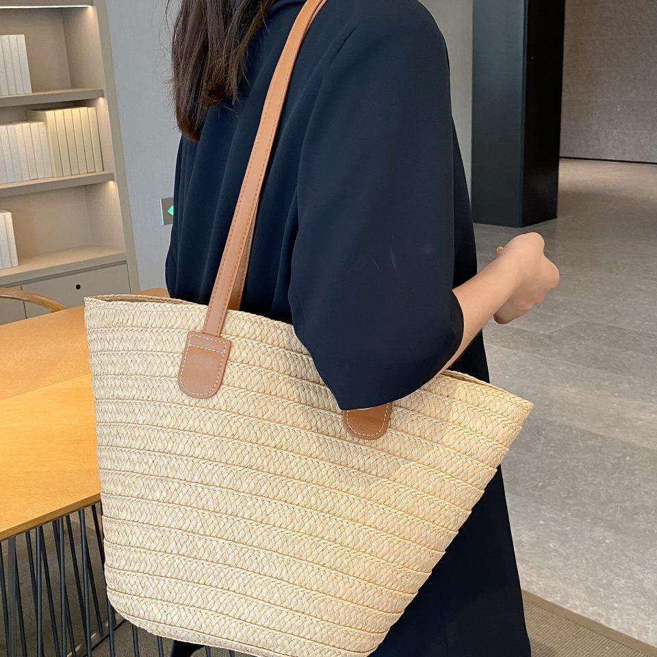 

Womens Large Straw Woven Beach Tote - Vacation Bucket Bag
