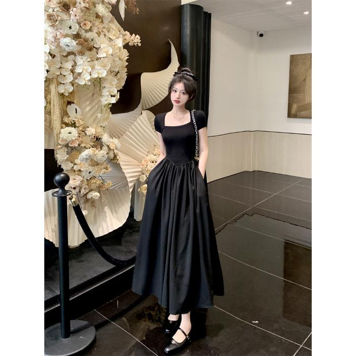 Large Size Hepburn Style Square Neck Dress for Women's New Summer Fat Mm Belly Cover, Slim and Thin Black Dress for Women