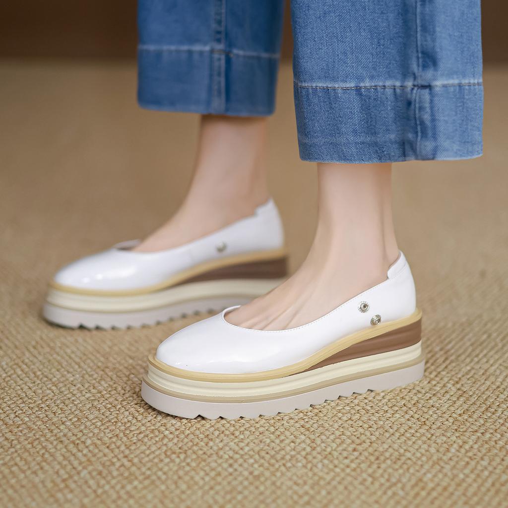 Niche Light Luxury 2025 Women's Shoes High-heeled Soft Leather Foreign Trade Retro Single Shoes Low-top Thick-soled Wedge Heel Single Leather
