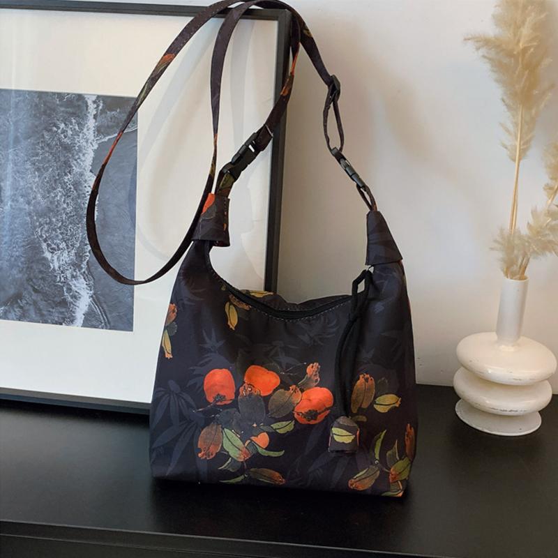 

Yogodlns Retro Embroidery Crossbody Bags Adjustable Shoulder Straps Fashion Bucket Purses Small Satin Handbag fruit