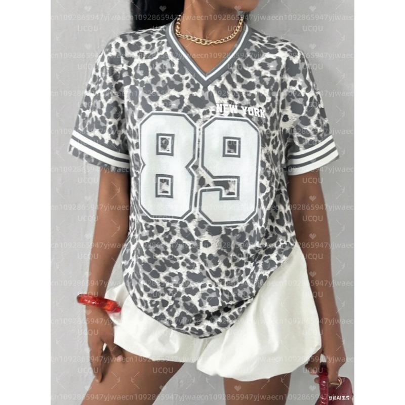 

Women s NEW YORK Leopard NO.89 Print V-Neck Short Sleeve T-Shirt Summer Graphic Tee Baseball Jerseys Plus Size Sport T-Shirt XL
