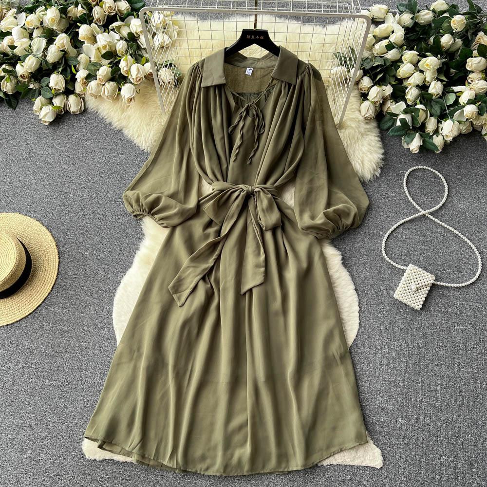 Francouzské šik Maxi šaty pro ženy Sklopný límec Lucerna Rukáv Šněrovací Dámské letní šaty Dámské Vestidos Dropship