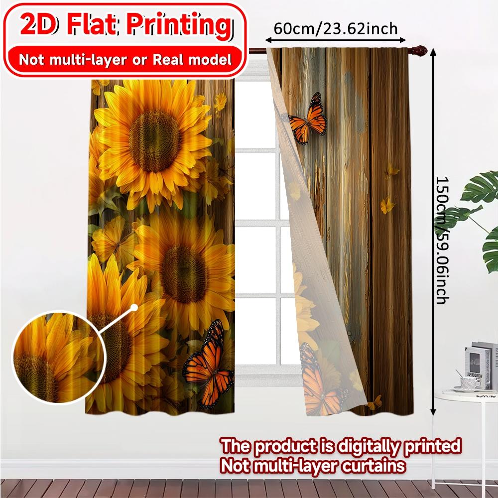 Sheer Flat Printing Butterfly Sunflowers Popular Creative Curtains Semi Decorations Home Decorative Curtain Set Of 2 Made Polyester Washable