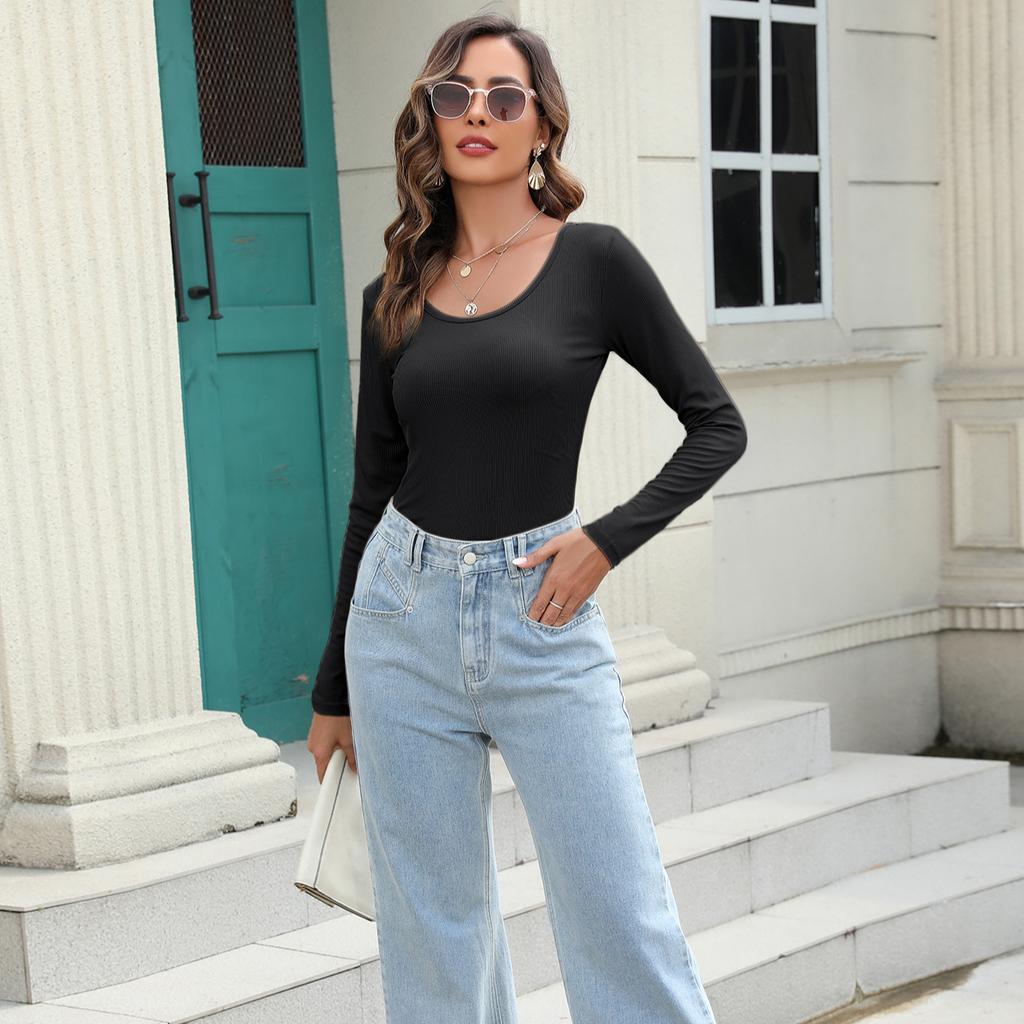 Women's Autumn and Winter New Style U-neck Long Sleeved T-shirt Base Shirt Inner Layer Clothes