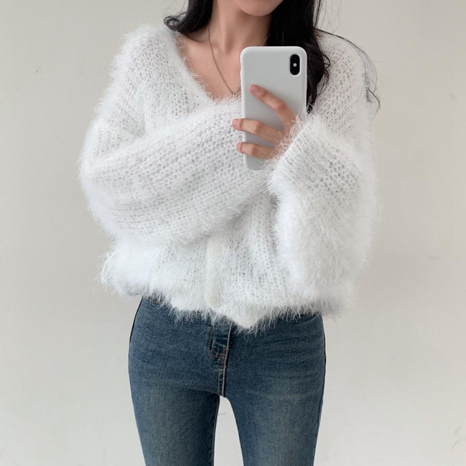 Chic Korean Faux Mink Long-Sleeve V-Neck Cardigan Sweater for Women