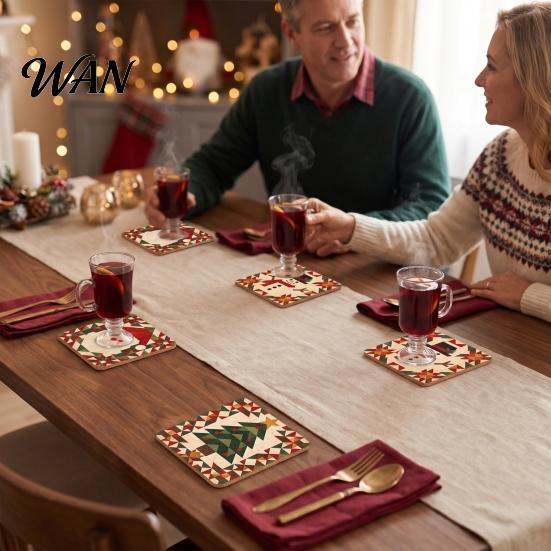 Winter Holiday Housewarming Gifts 4Pcs Christmas Coasters Set, Non-slip Wood Cup Mats with Cork Base Tree Drink for Hot Drinks, Decorative Patchwork