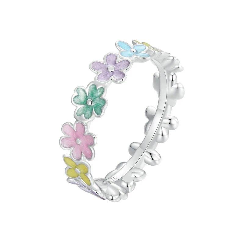 

BAMOER, стерлинговое серебро 925 пробы, разноцветное эмалированное мини-кольцо с цветком для женщин и девочек, вечерние милые изящные ювелирные изделия, подарок 8 серебряный