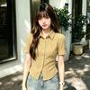 Yellow Love Embroidered Short Sleeve Shirt Girls Spring Summer College Style Sweet Fold Sleeves Waist Slim-Fit Plaid Top