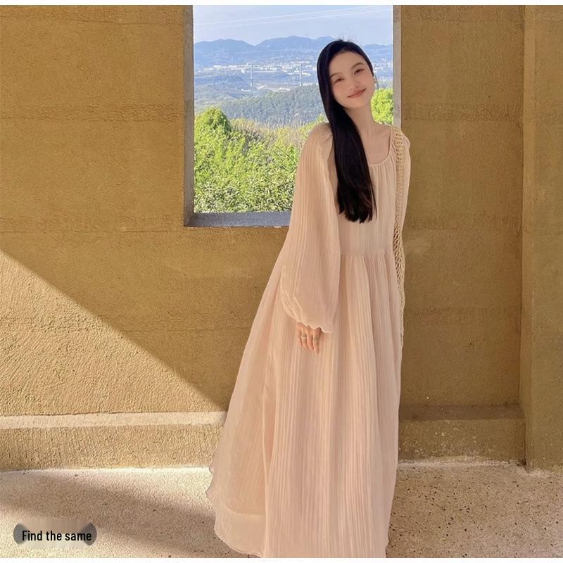 

New 2025 Maternity Dress: Spring/Fall Long Sleeve Pleated Skirt, Stylish & Slimming M розовый