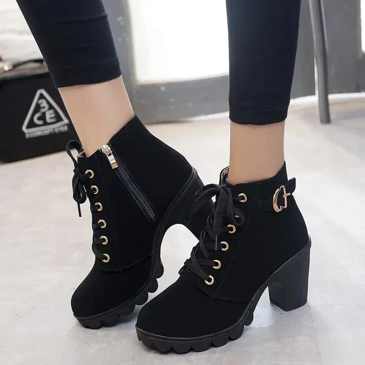 

Women s High-heeled Boots With Buckle, Chunky Heel, Round Toe, Boots, Lace-up And Boots, Riding Boots 36 чорний