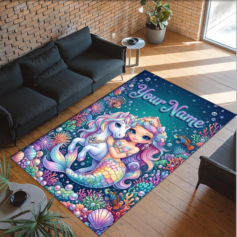 Alfombra de Suelo de Terciopelo de Cristal con Temática de Unicornio, Alfombra Cálida Personalizada con Nombre y Texto, Decoración del Hogar
