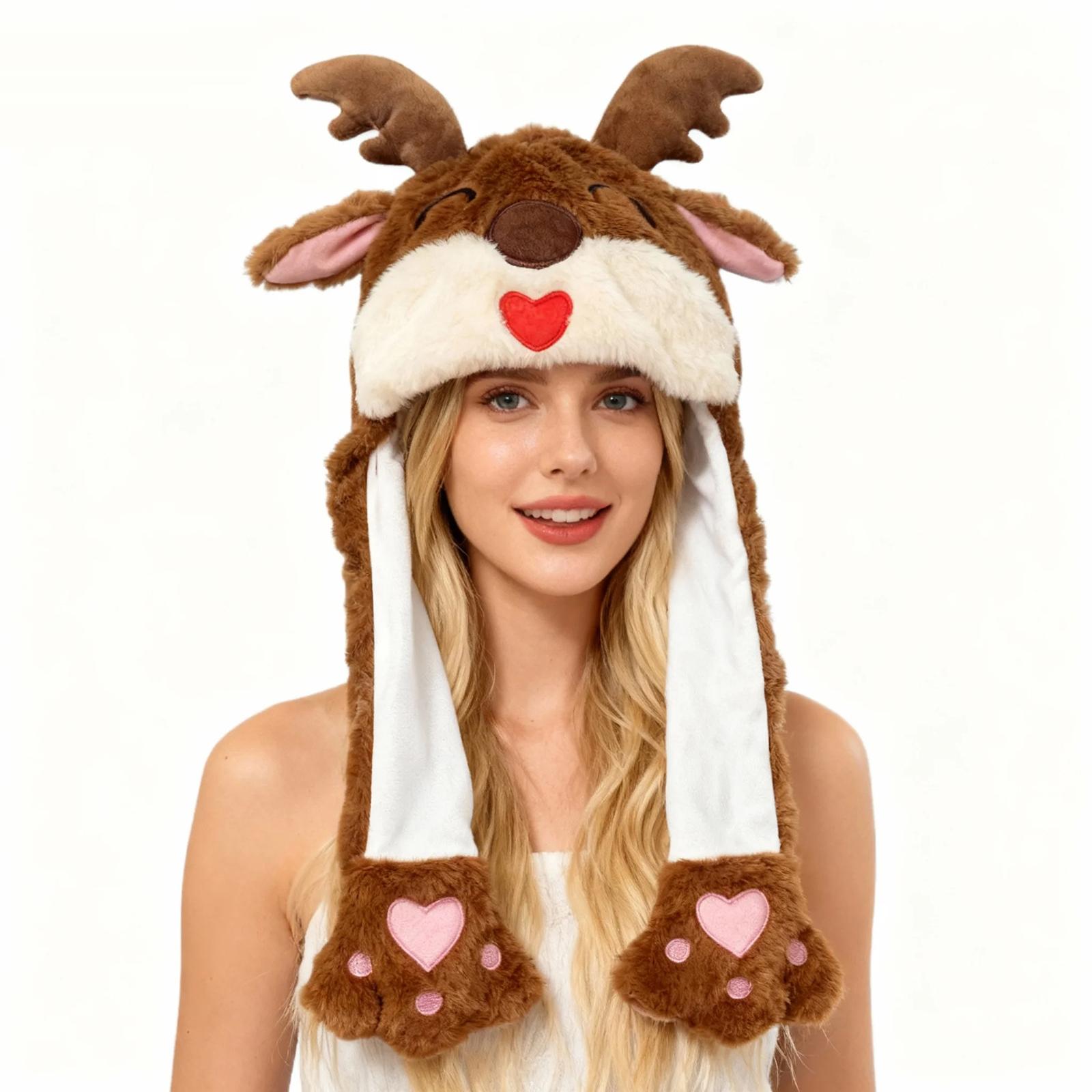 

Interactive Plush Christmas Hat with Movable Ears Soft Wearable Santa Claus Style Winter Headwear for Holiday Festive Celebrations and Parties One Size коричневый