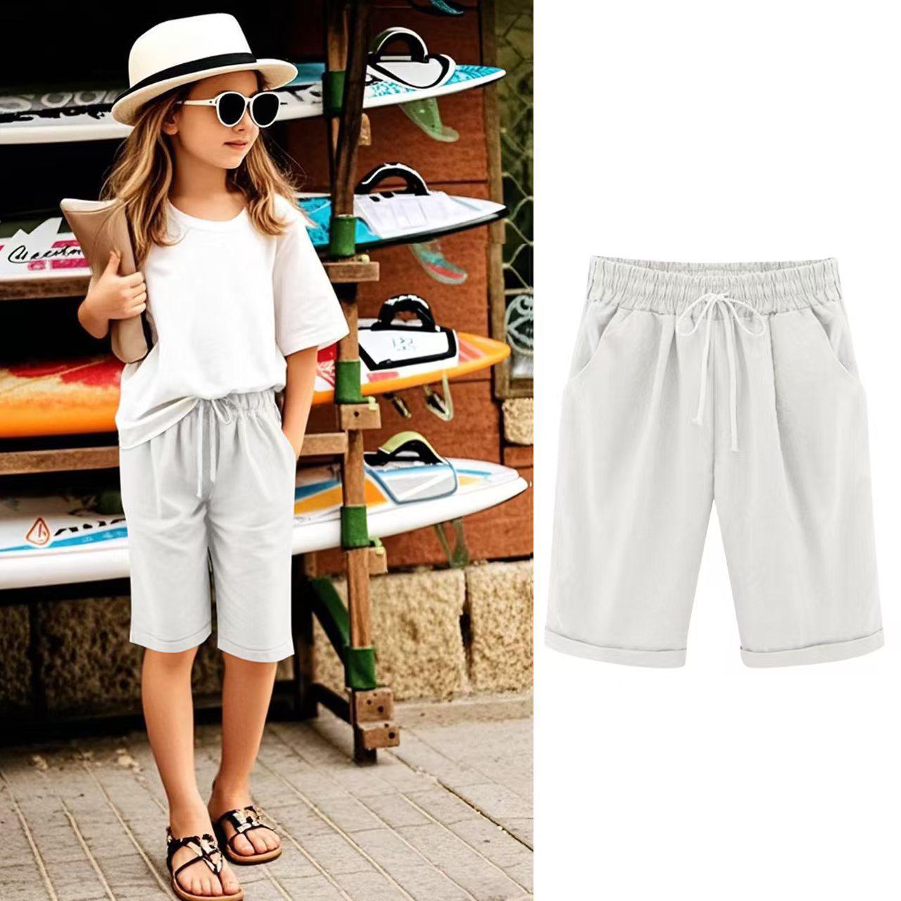 

Kids Summer Shorts, Ages 3-13, Unisex, Solid Color, Cotton-Linen Blend, Elastic Waistband, Drawstring, with Pockets. 160 cm білий
