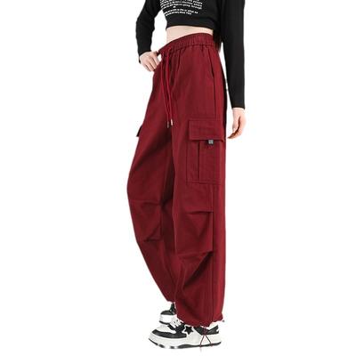 Spring Drawstring Work Pants for Women Encore Red American High Waist Straight Multi-pocket Loose Sports Casual Pants