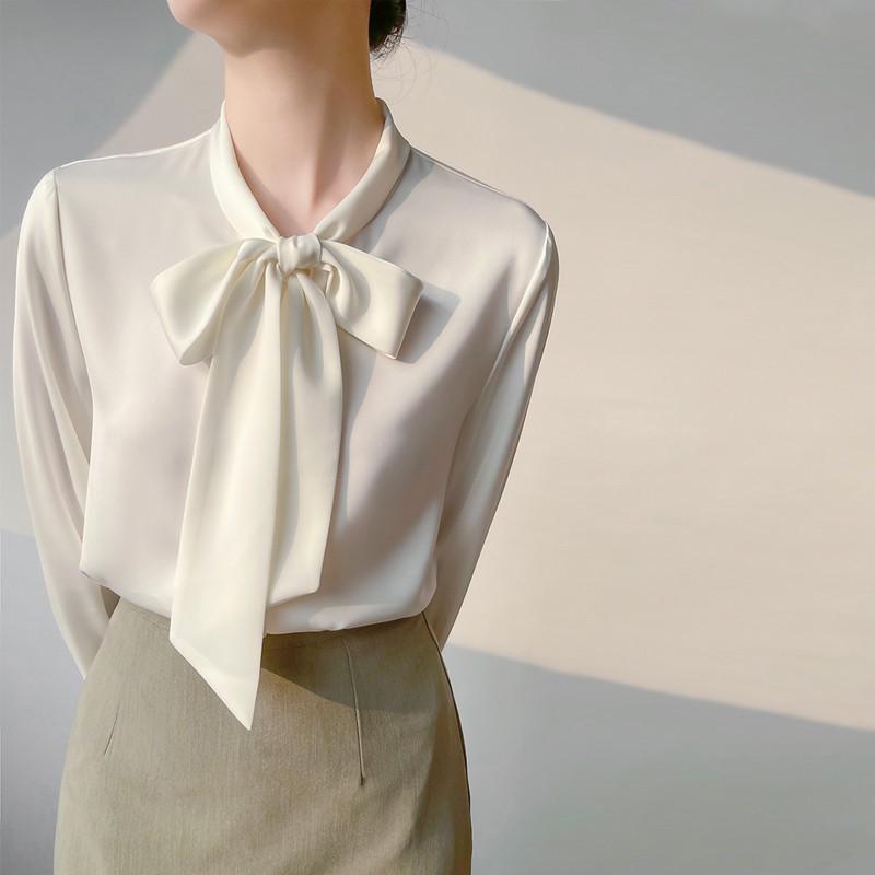 White Satin Bow Ribbon Long Sleeve Shirt for Women - Spring/Autumn Professional Wear S