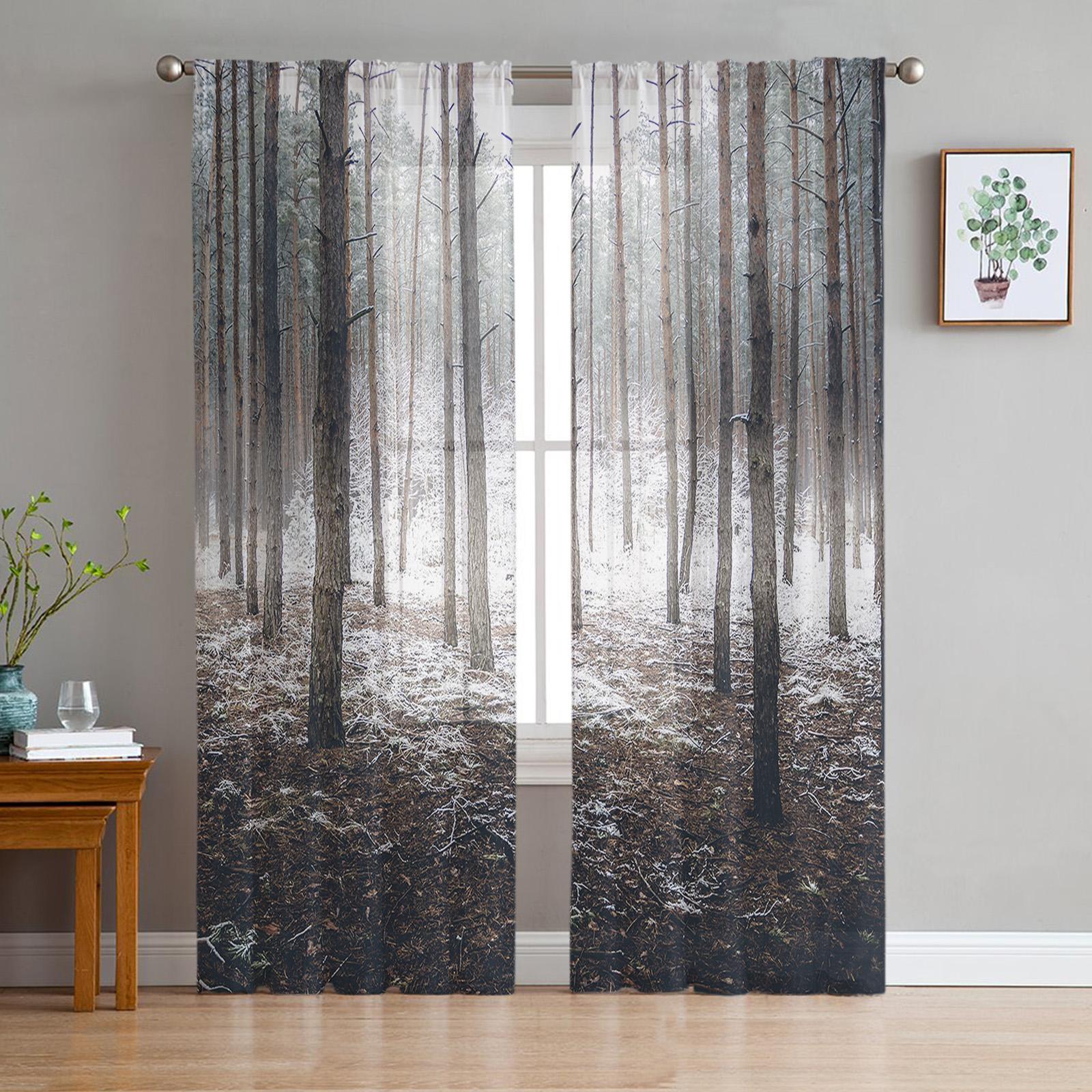 

Pure White Aspen Trees In Winter Fine Netting Window Panel Drapes Living Room Organza Yarn Transparent Light Voile Curtain Bed Chamber Cooking Area W135 x H115cm x1&Rod Pocket