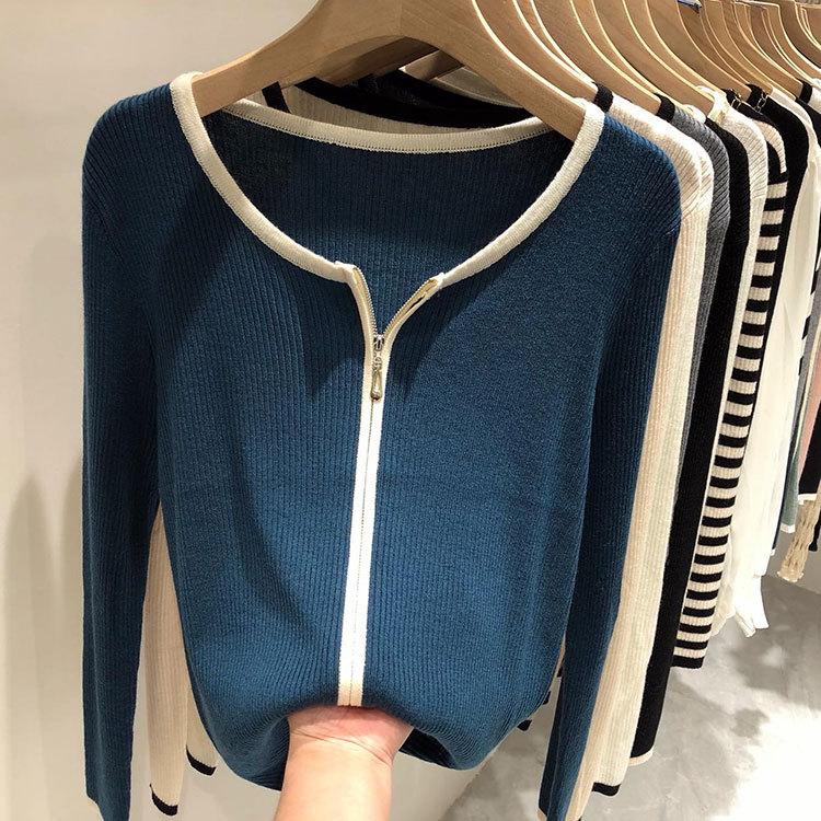

European design sense double zipper soft waxy long-sleeved knitted pedicle crew neck cardigan women s autumn new foreign gas shirt one size fits all синій
