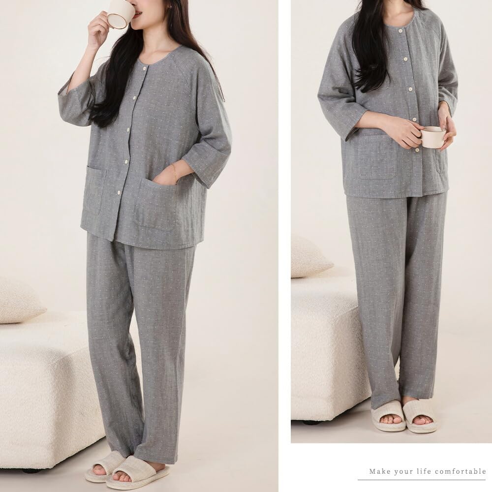 Yes Family Double Gauze Pajama Polka Dot XL Women's Set, 100% Cotton, 3/4 Sleeves, Pattern,