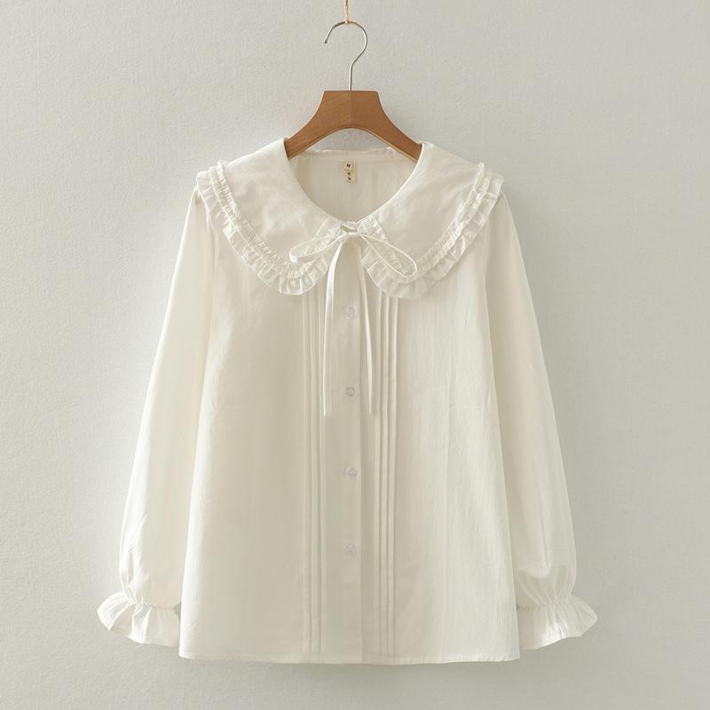 2024 Fall Collection: Women's Versatile Artistic Pure Cotton White Shirt with Big Collar, Long Sleeves, Accordion Pleats, and Tie-up Design