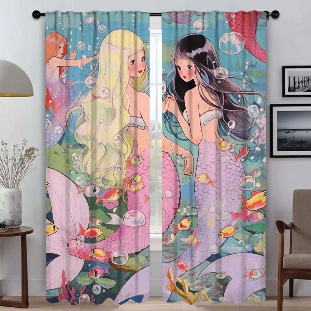 Mermaid Blackout Curtains for Living Room Home Interior Curtains 2 Pieces Window Curtain Tulle for Bedroom Halloween Decoration
