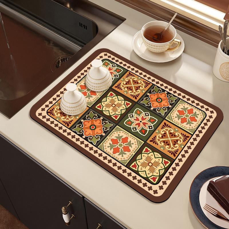 Retro Patterned Kitchen Countertop Mat Restaurant Drain Absorbent Pad Anti Mold Quick Drying Pad Non Slip Placemat Home Decor