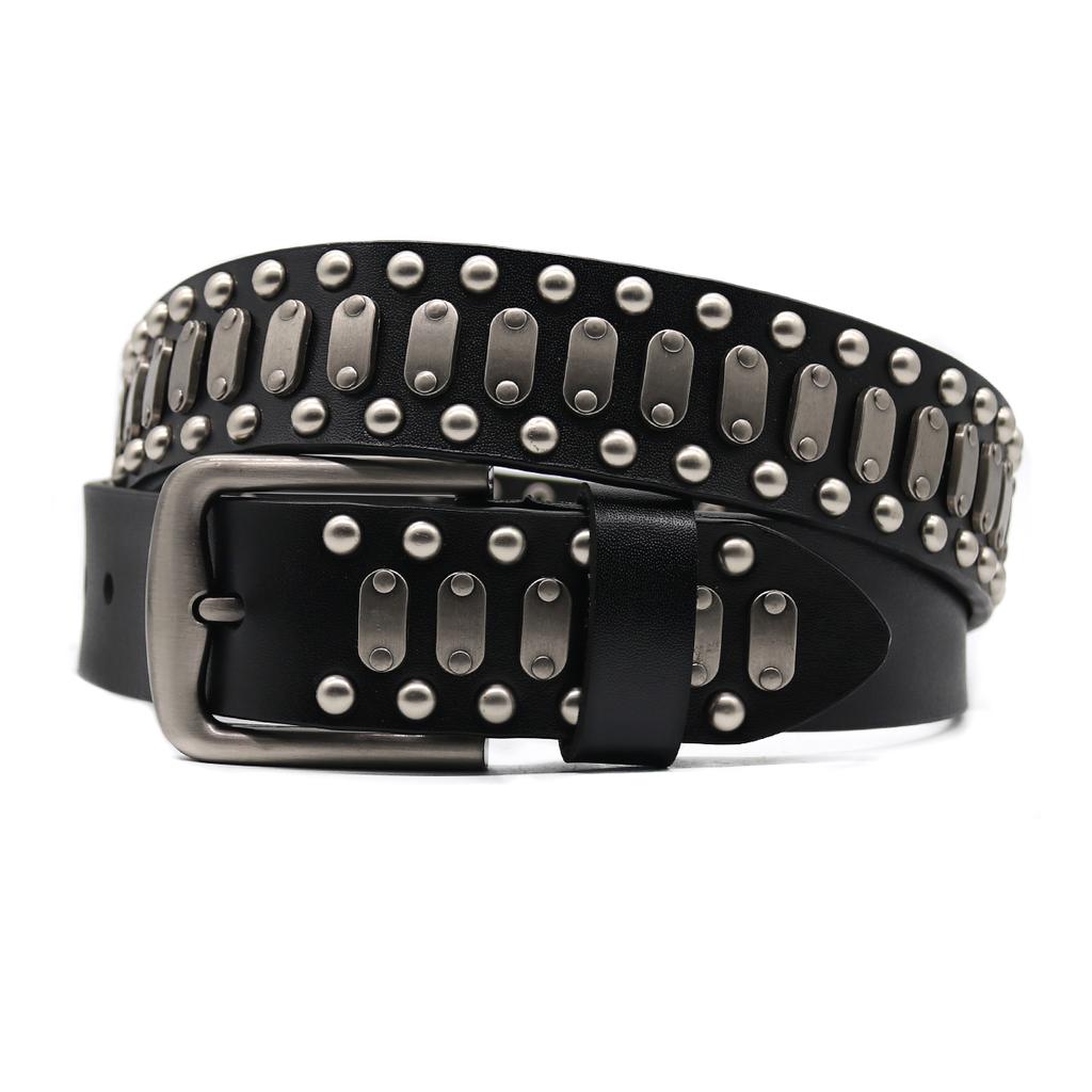 Nya Cowboymotorcykeljeans Tungmetallnitbälten för Män Äkta Läderbälte Punkrock Manlig Rem Ceinture Homme