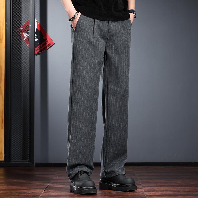JIELEINUO Men's Old Money Style Striped Loose Straight-Leg Trousers