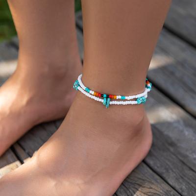 Salircon Bohème Couleur Mixte Perles de Riz Perles Cheville Chaîne Tendance Géométrique Pierres Naturelles Cheville Sur Pied Été Plage Bijoux