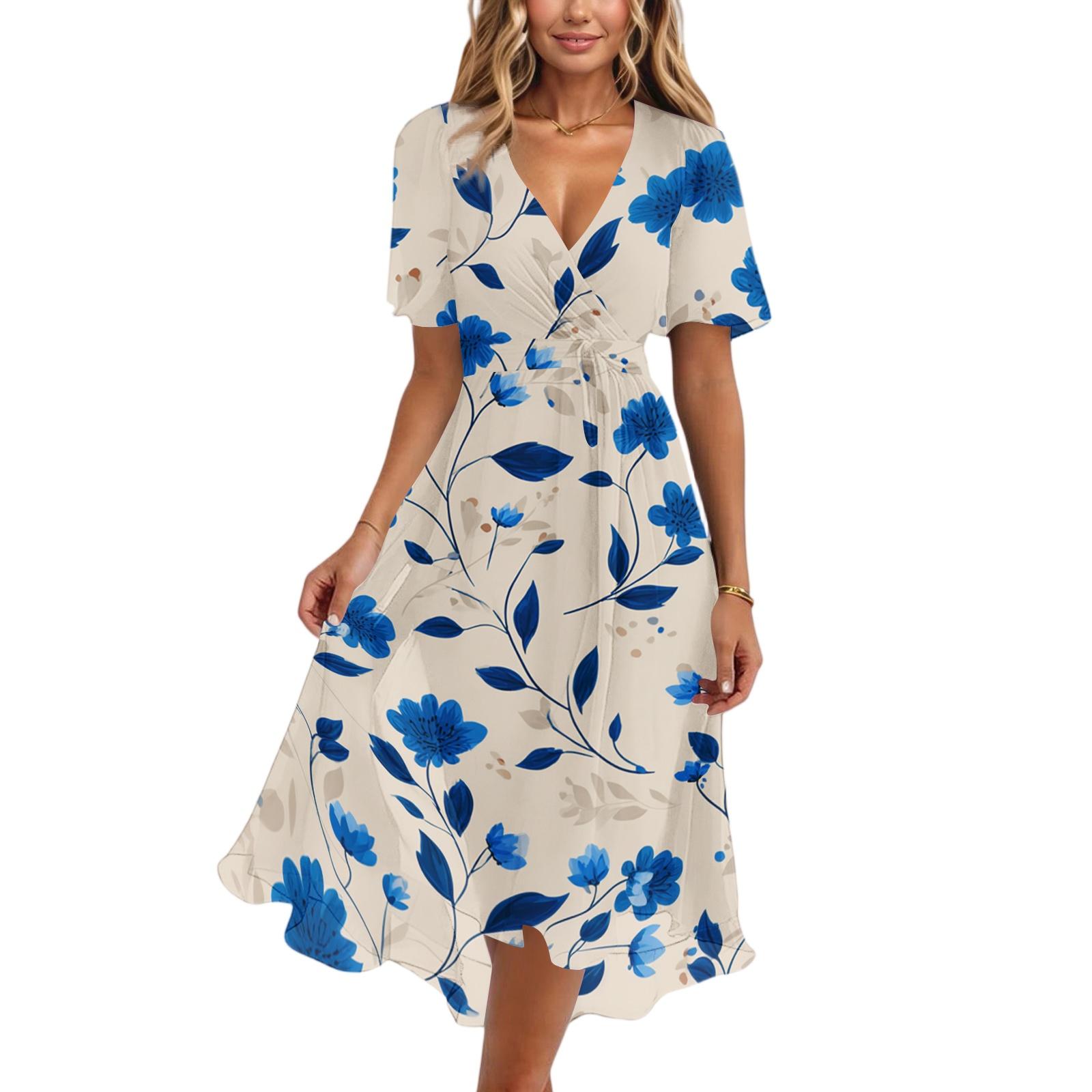 

Women s Casual V Neck Short Sleeve Floral Print Midi Dress Lightweight Summer Dress with A Line Skirt for Daily Wear S