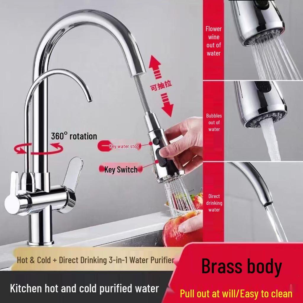 All-Copper 3-in-1 Pull-Out Kitchen Faucet with Hot, Cold, and Pure Water Options