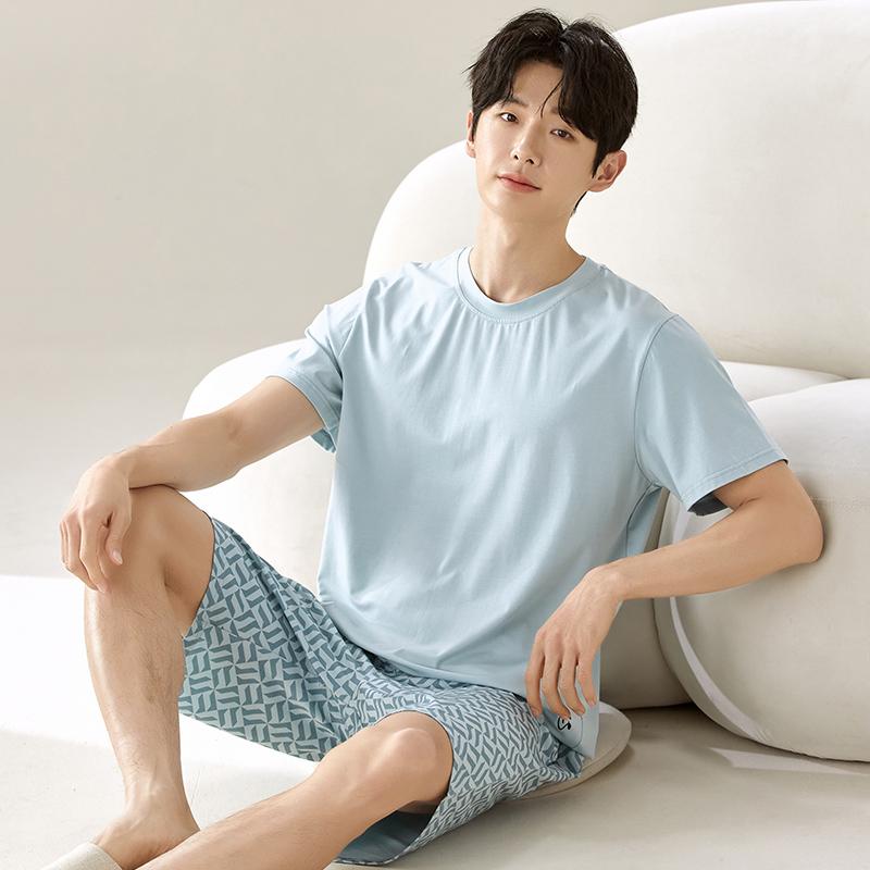 Men's Pajamas Short-Sleeve Tops Shorts MODAL COTTON Sleepwear Loungewear Students Two-Piece Plaid Solid Youth Nightwear Homewear