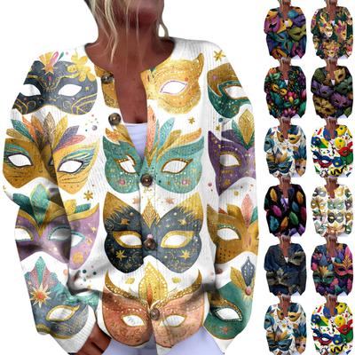 Women's Fashion Festival Printed Long-Sleeved Knitted Cardigan With Button-Front