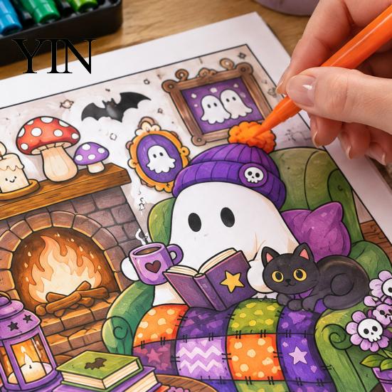 Jedinečné dárky pro milovníky Halloweenu, Kniha omalovánek s duchy pro dospělé, 24 listů, Roztomilé vzory, Zesílený papír, Podložky na kreslení z bavlněné buničiny 20 cm