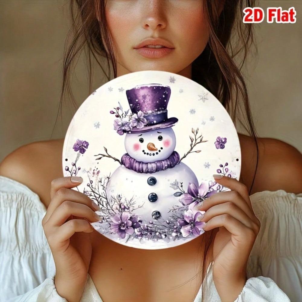 Vintage Purple Snowman Floral Round Metal Tin Sign Wall Art 8 Inch Christmas Home Decor Gift