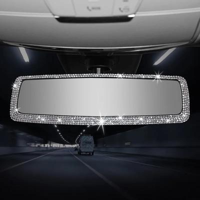 Bling Rhinestone Crystal Car Interior Rearview Mirror Cover Decorative Ornament Stylish Diamond Accessories For Women Vehicle Decoration