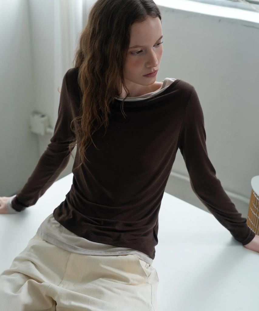 WAARFORWOMAN Wt-100 Color Block Shirred T-Shirt - Brown