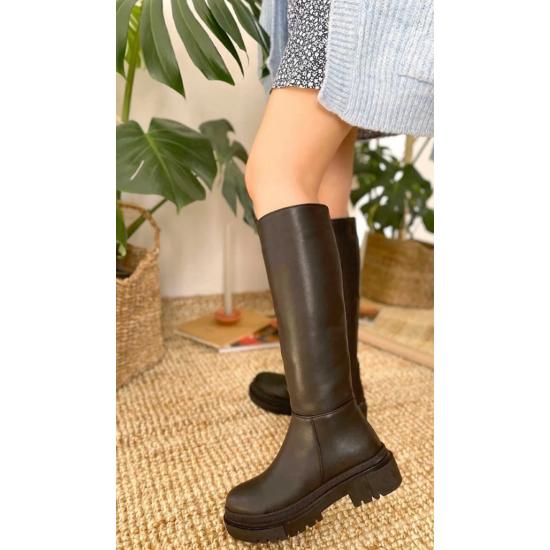 Women's Daisy Thick Sole Below Knee Zipper Comfortable Black Leather Boots