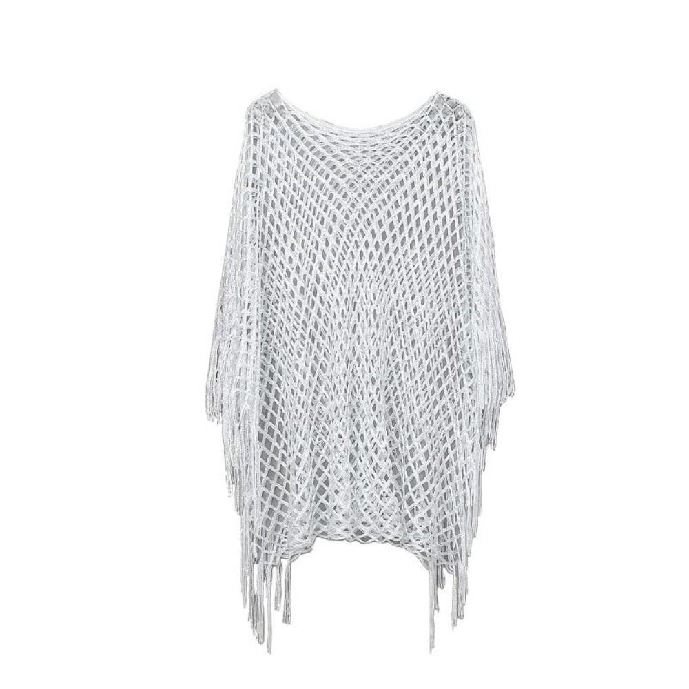 Tassel Sunscreen Cover-up Loose Fit Knit Hollow Out Top Simple Fishnet Swimsuit Cover Up  Vacation