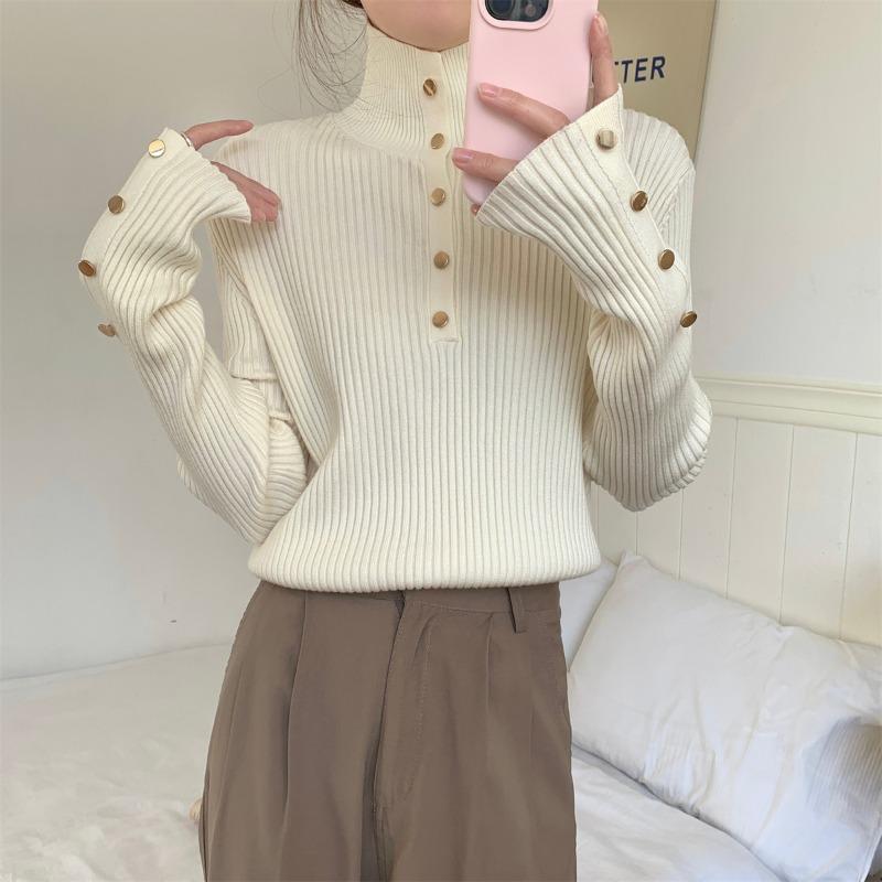 Half-turtleneck Pit Strip Long-sleeved Knitted Bottoming Shirt Women's Autumn and Winter Design Sense Button-up Sweater Slim-fit Top