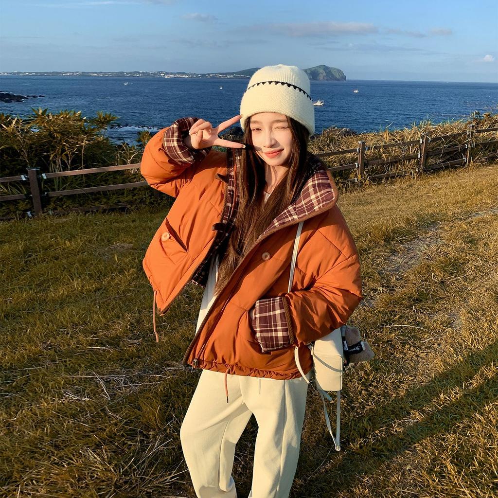 Down cotton-padded clothing women's short plaid winter loose casual splicing contrasting color plaid cotton-padded jacket trendy