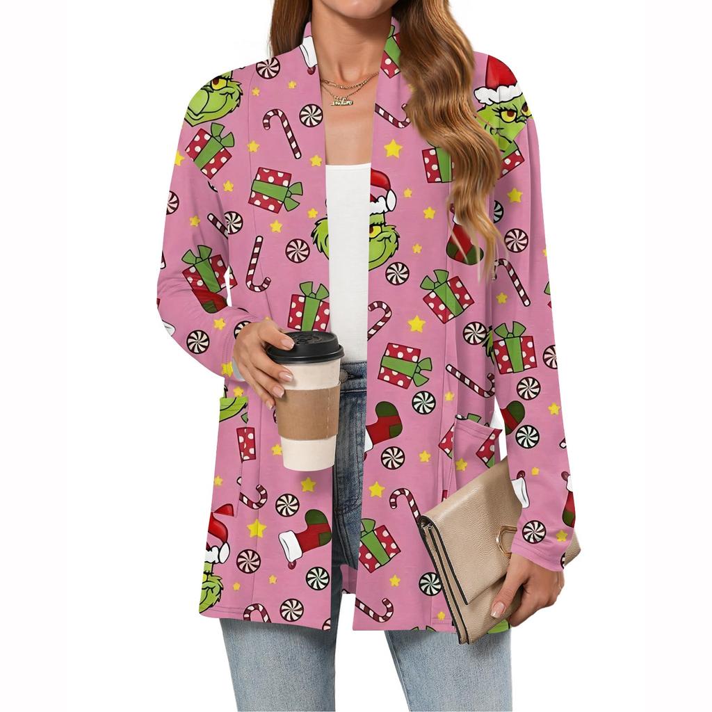 Women's Christmas Printed Lightweight Cardigan Long Sleeved Casual Loose Thin Fit With Pockets Cardigan Jacket