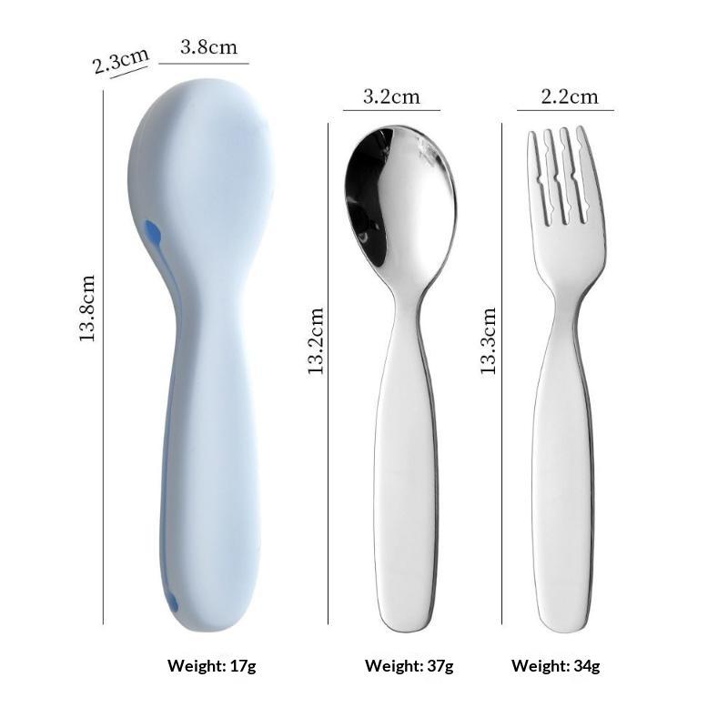 Food Safe Toddler Spoon and Fork Set Stainless Steel with Waterproof Silicone Storage Case for Kids School Lunch Use