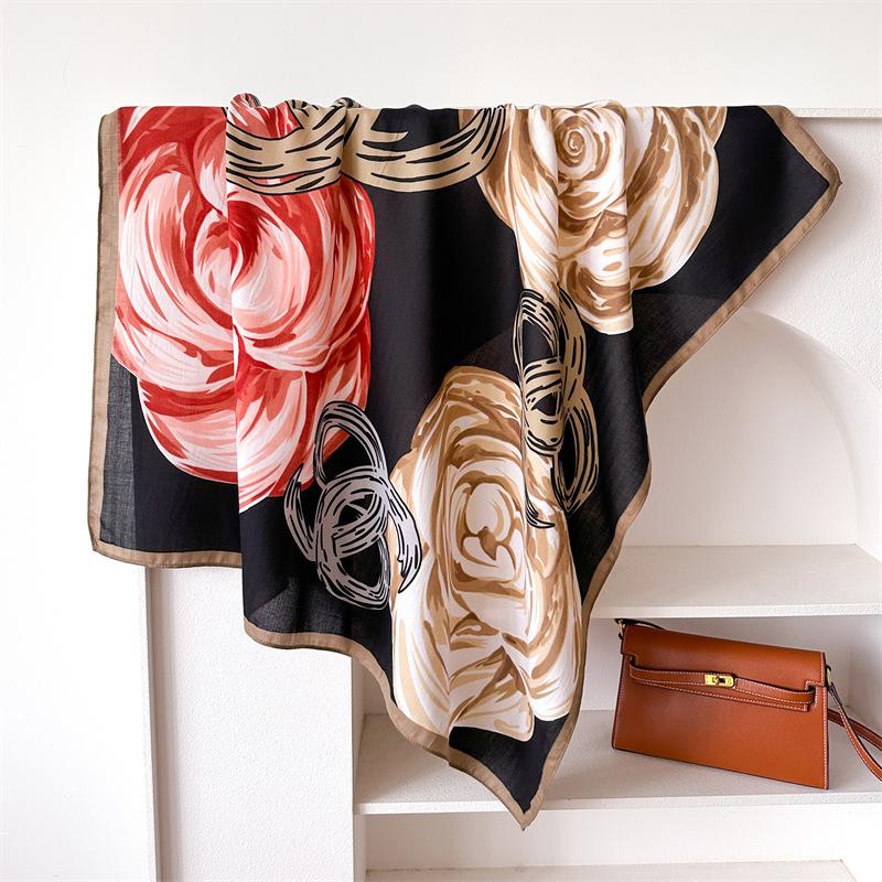 Flower 90 Imitation Silk Large Square Scarf Retro Large Printing Shawl Temperament Versatile Herringbone Scarf Headscarf Women