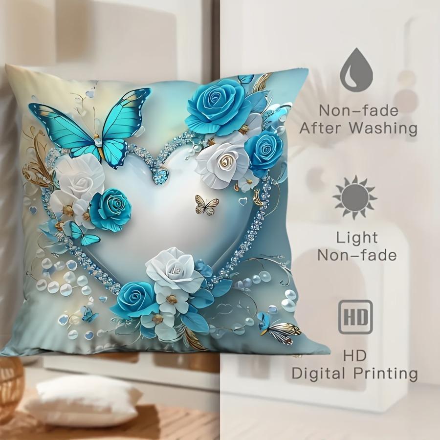 Valentine's Day Navy Blue Heart Shaped Butterfly Floral Pillowcase Suitable for Sofa Car Bedroom Decorative Cushion Cover